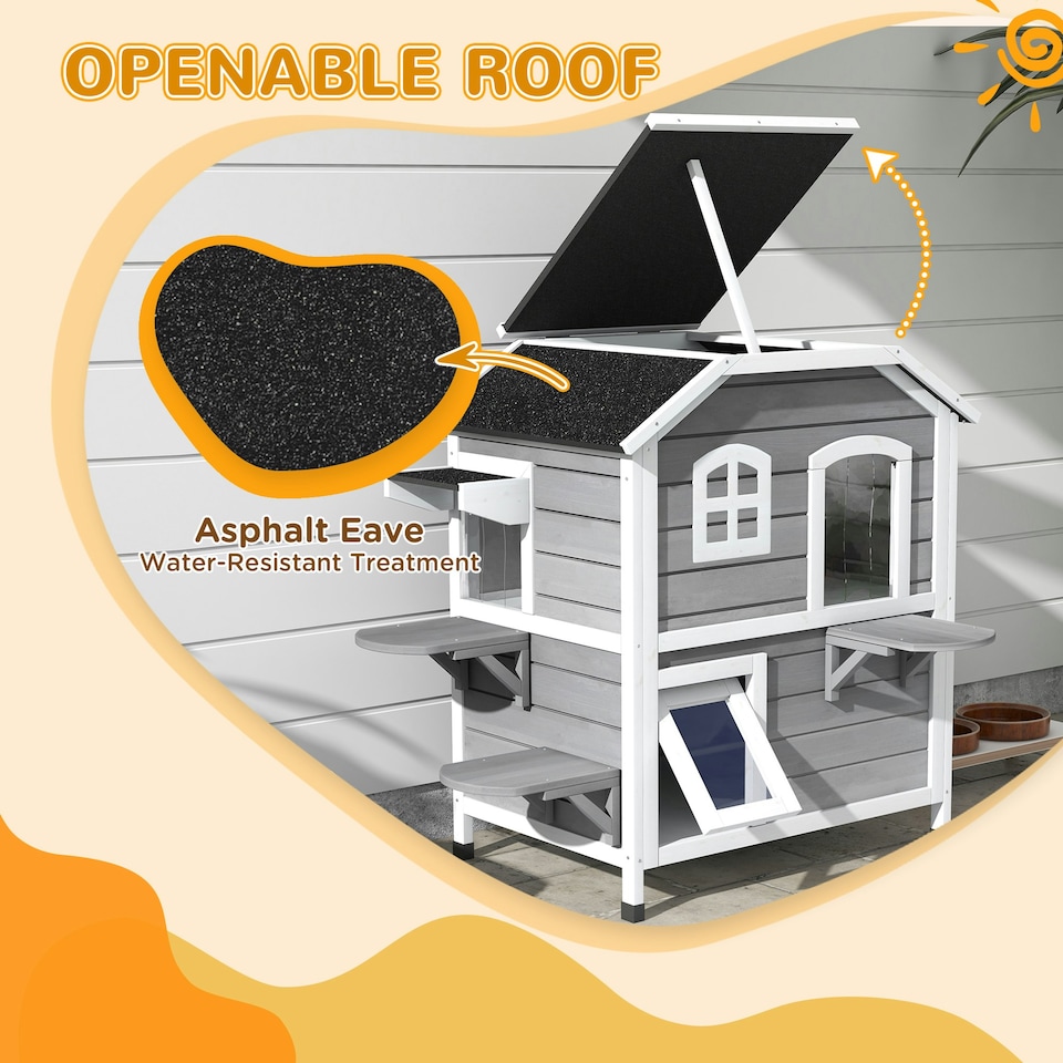 image 1 of PawHut Wooden Cat House Cat Cave Pet Shelter Condos Outdoor Grey
