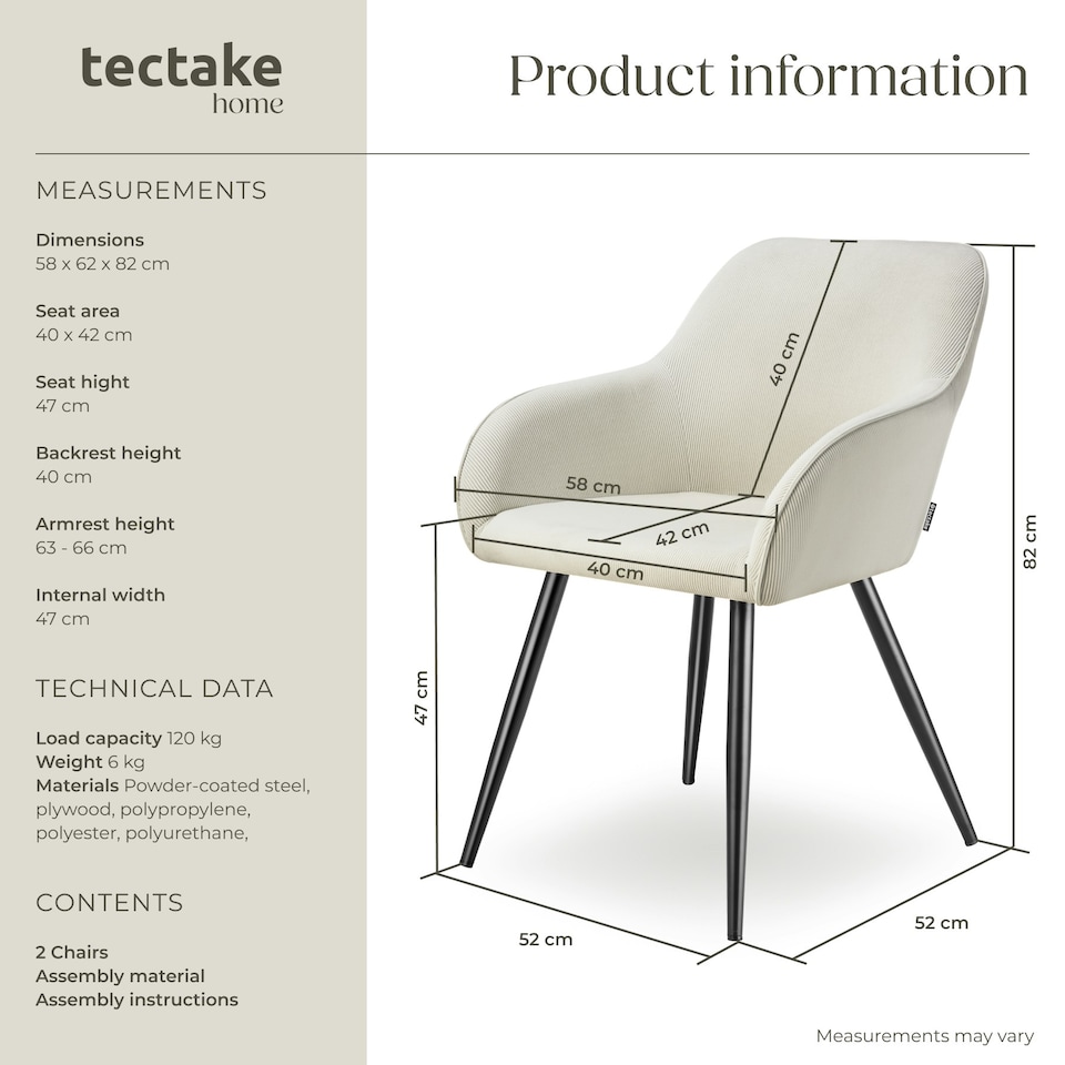 image 1 of Dining Chair Marilyn - corduroy look, upholstered, armchair, continuous backrest - Set of 2 Cream | Cream/Black