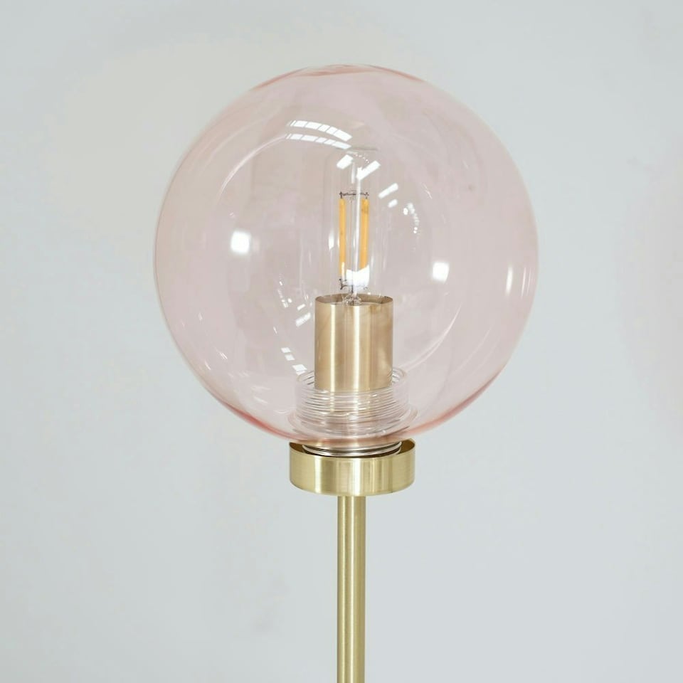 image 1 of ValueLights Frenchie Pink Tinted Glass Globe Gold Stem Table Lamp with LED Bulb