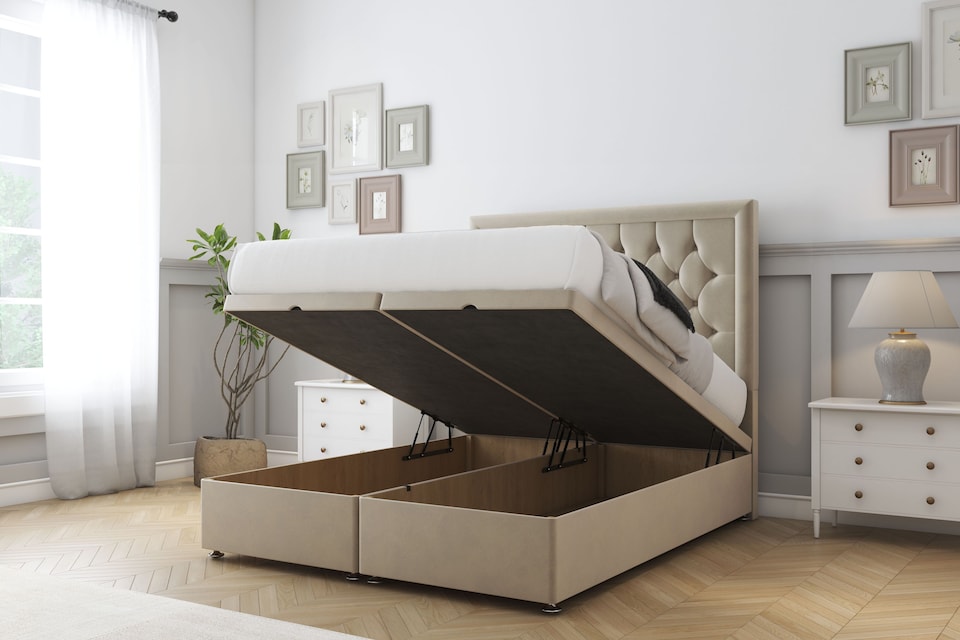 image 1 of Sloomy Montana Almond Coniston Ottoman Bed With Mattress With 54" Floor Standing Headboard 5' King