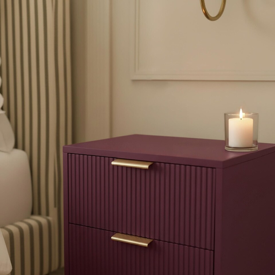 image 1 of OHS Ribbed Bedside Table Modern Bedroom 3 Draw Office Nightstand | Red | Dark Berry