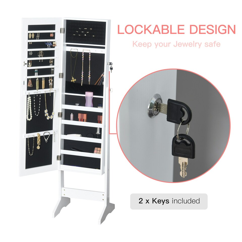 image 1 of HOMCOM Lockable Jewellery Storage Mirror Armoire Freestanding Adjustable White