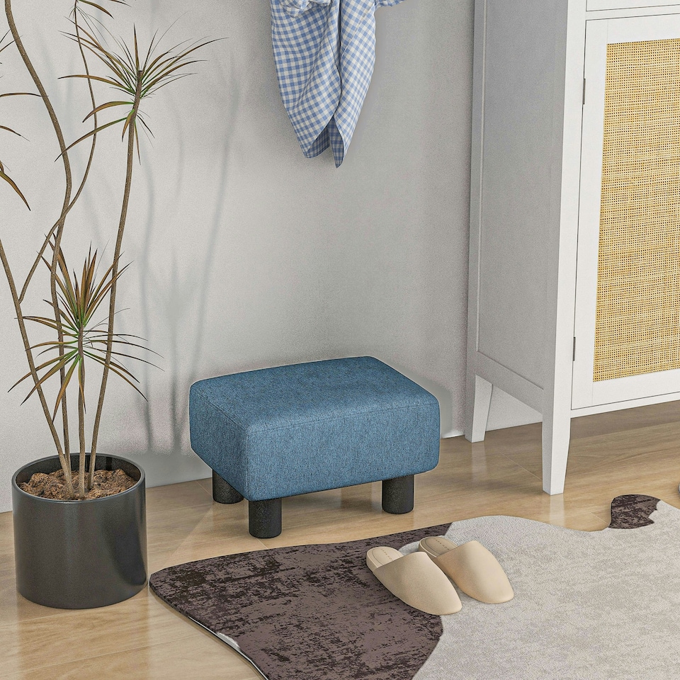 image 1 of HOMCOM Chic Linen Fabric Footstool Ottoman Cube with 4 Plastic Legs Blue