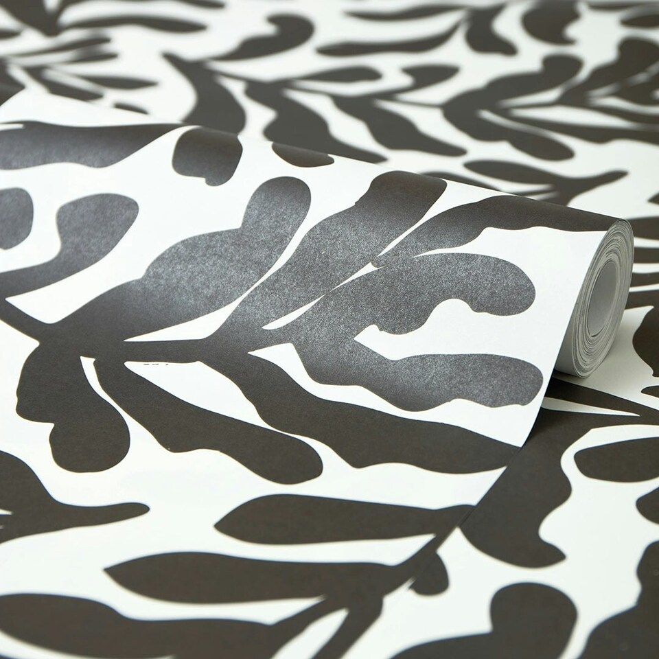 image 1 of Coral Leaf Wallpaper in Charcoal on White Multi