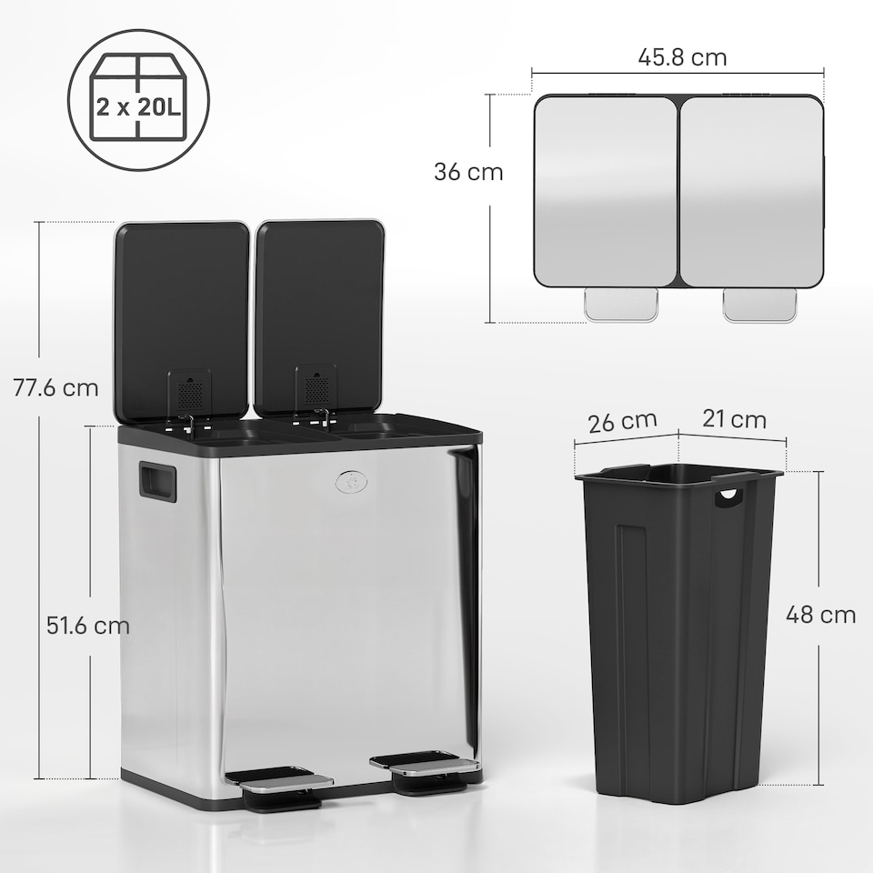 image 1 of HOMCOM Dual Kitchen Bin, 2 x 20L Stainless Steel Double Rubbish Bin with Soft Close Lid, Removable Inner Buckets, Rubbish Bags, Fingerprint-Proof for Recycling and Waste, Silver Tone