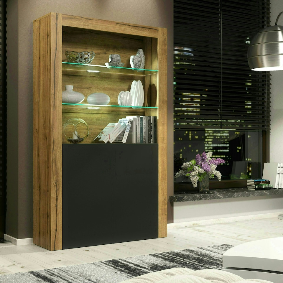 image 1 of Oak Display Cabinet 100cm Matt Finish Free LED Modern Tall Storage Unit Multi | Oak & Black