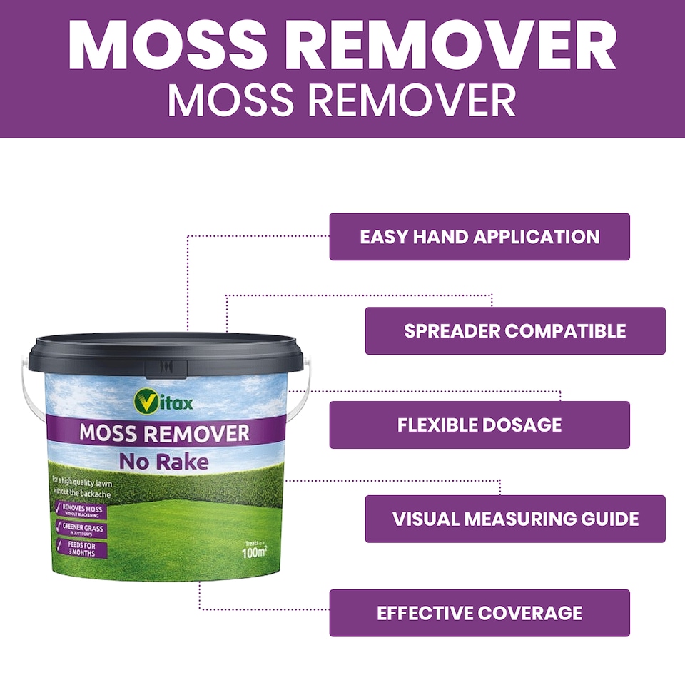 image 1 of Vitax Moss Remover 100 square meter Tub Lawn Fertiliser for Moss Removal & Feeding Greener Lawn No Rake 12 Week Feed UK Lawn Coe