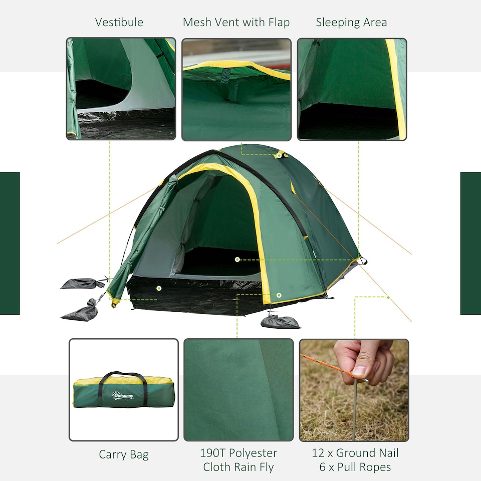 image 1 of Outsunny Compact Camping Tent w/ Vestibule & Mesh Vents for Hiking Green