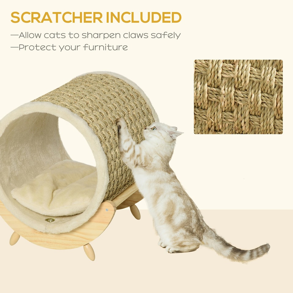 image 1 of PawHut Raised Kitten Bed Pet Shelter w/ Scratcher Cushion, Beige 41 x 38 x 43 cm
