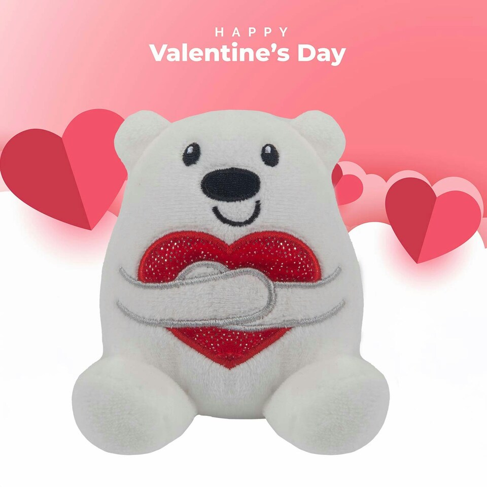 image 1 of Valentines Love Bear Soft Toy Hugging Shiny Heart Cute Plush Cuddly 10cm White