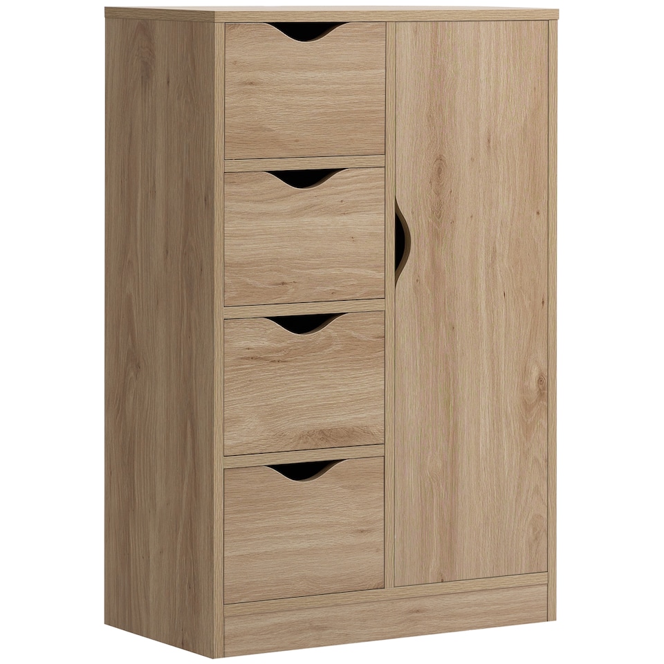 image 1 of HOMCOM Bathroom Floor Cabinet, Freestanding Storage Unit with 4 Drawers and Door Cupboard for Living Room, Kitchen, Bedroom, Natural