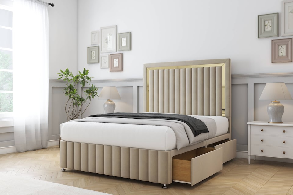 image 1 of Sloomy Boston Gold Almond Coniston Divan Bed With Mattress 2 Drawers Right Side With 54" Floor Standing Headboard & 12" Matching Footboard 5' King | Cream | Almond | King | 1