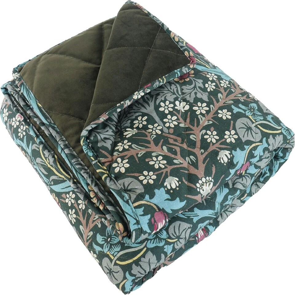 image 1 of Morris & Co Blackthorn Print Square Box Dog & Cat Blanket Green | One Size