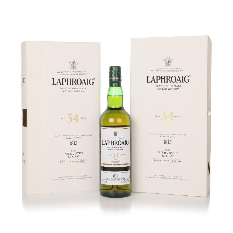 image 1 of Laphroaig - The Ian Hunter Story - Book 5 - Enduring Spirit 34 year old Whisky | Multi | Deep Copper | Lightly peaty with iodine and burnt wood notes. Floral green malt, sweet candyfloss and vanilla fudge, nimble fruit accents of blueberry and raspberry. Sweet and spicy, with the characteristic Laphroaig peaty reek and hints of cold barbecue ash kiln wall. Salted caramel and butterscotch, roast chestnuts, a hint of peach, dried flowers and white pepper. Peaty and malty, with praline notes and lingering sweetness. | 1