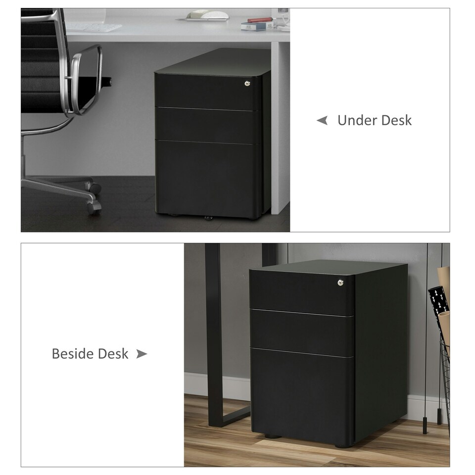image 1 of Vinsetto 3 Drawer Metal Filing Cabinet Lockable 5 Wheels Under Desk Black
