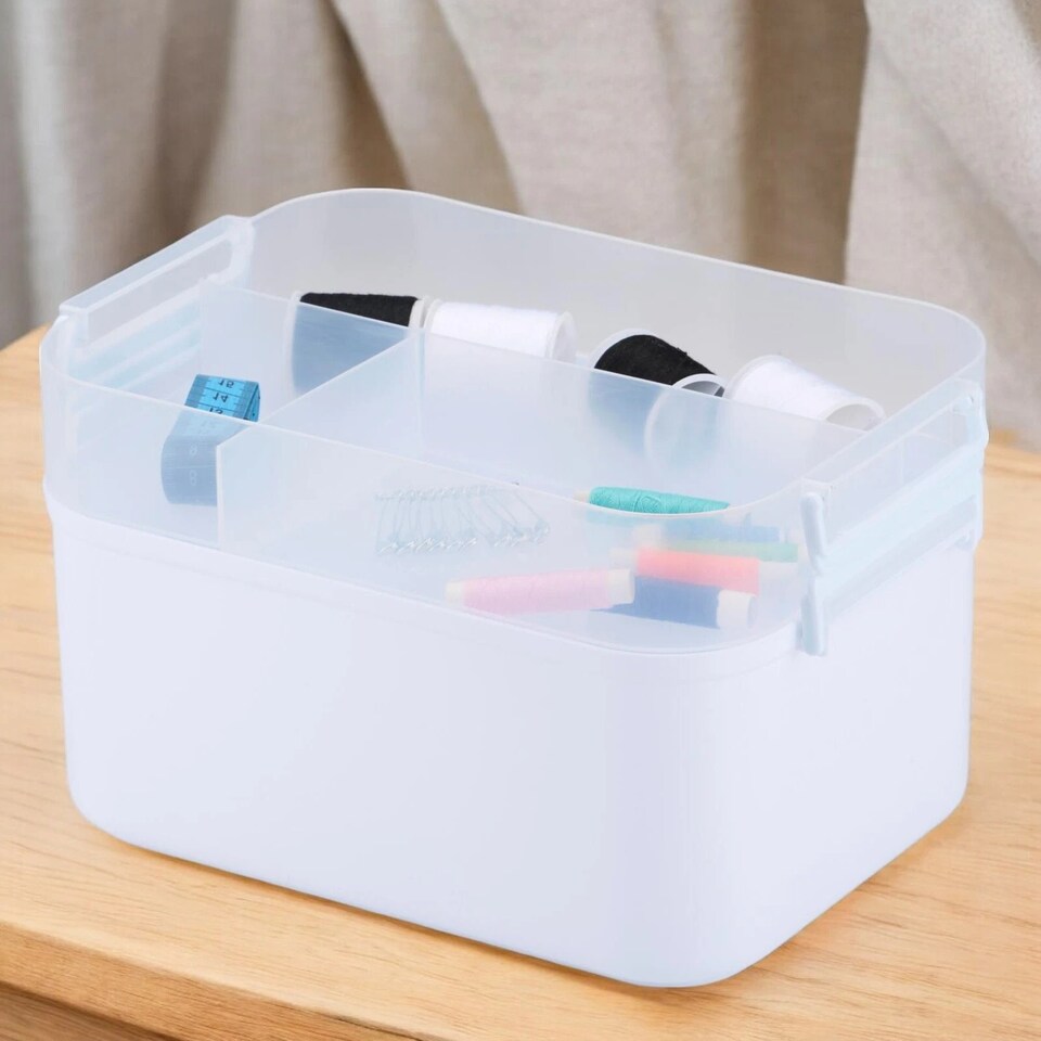 image 1 of Portable Sewing Accessories Box Kit 2 Layer Storage Organiser Trays Carry Handle | Multi | White