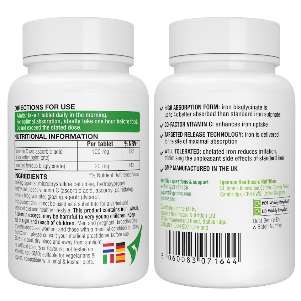 image 1 of Igennus Iron Bisglycinate 20mg with Vitamin C, High Absorption & Gentle Iron, Targeted Release, One-a-day, Vegan, 180 Tablets