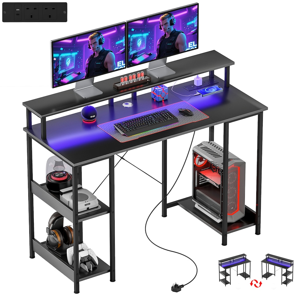 image 1 of HOMCOM Computer Desk with Power Outlets and LED Lights, 120 x 50cm Reversible Home Office Desk with Monitor Stand and 2-Tier Storage Shelves, PC Table with Cable Management, Carbon Fibre Grey