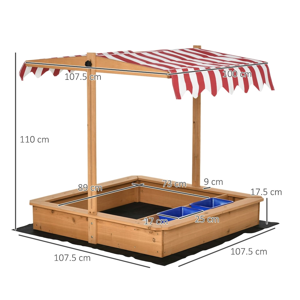 image 1 of Outsunny Kids Wooden Sandbox Sand Pit Height Adjustable with Canopy Basins