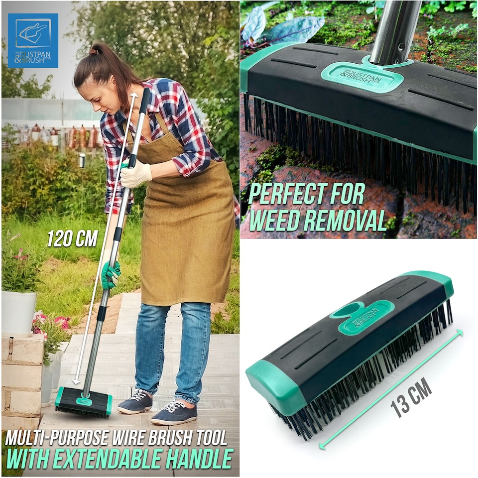 image 1 of Long Handled Wire Moss and Weed Brush Heavy Duty Patio Scrubber
