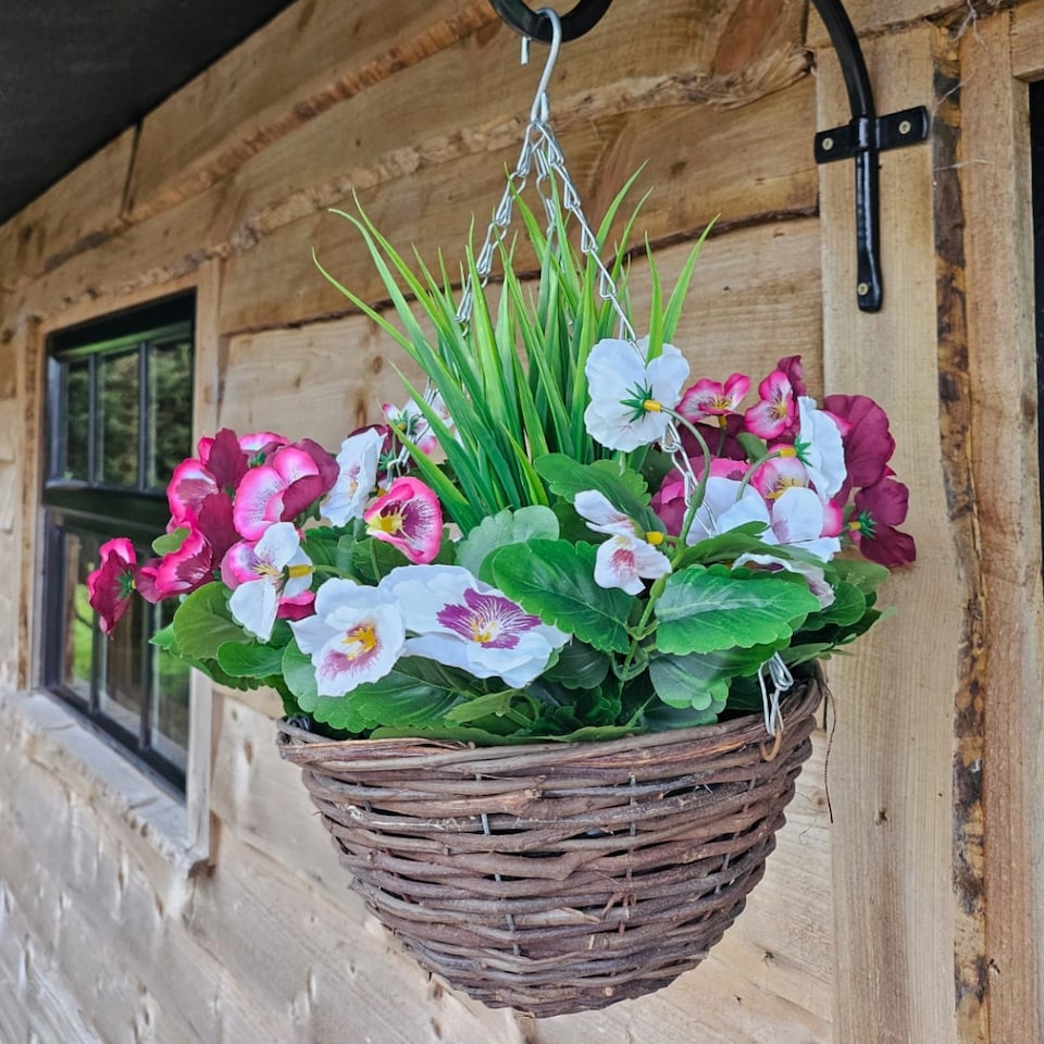 image 1 of Best Artificial Plum & White Pansy Flower with Decorative Rattan Hanging Basket for Indoor or Outdoor Use | Purple | Plum & White | 1