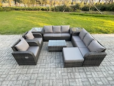 Fimous Rattan Outdoor Garden Furniture Sofa Set Patio Table & Chairs Set with 3 Seater Sofa Reclining Chair 2 Side Table Big Footstool Dark Grey Mixed