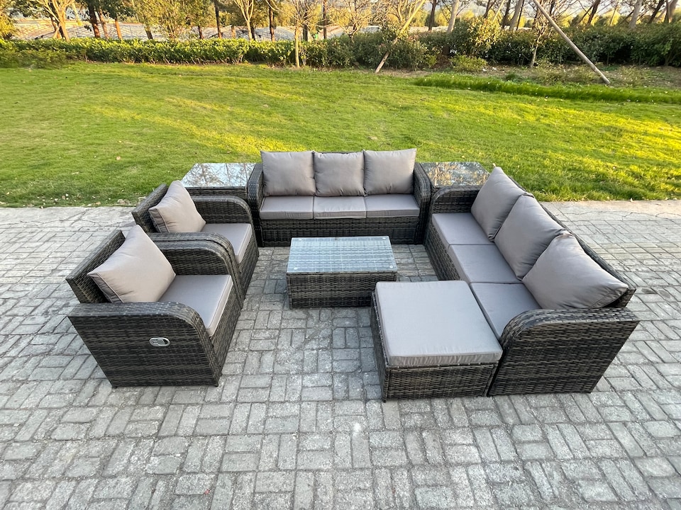 image 1 of Fimous Rattan Outdoor Garden Furniture Sofa Set Patio Table & Chairs Set with 3 Seater Sofa Reclining Chair 2 Side Table Big Footstool Dark Grey Mixed
