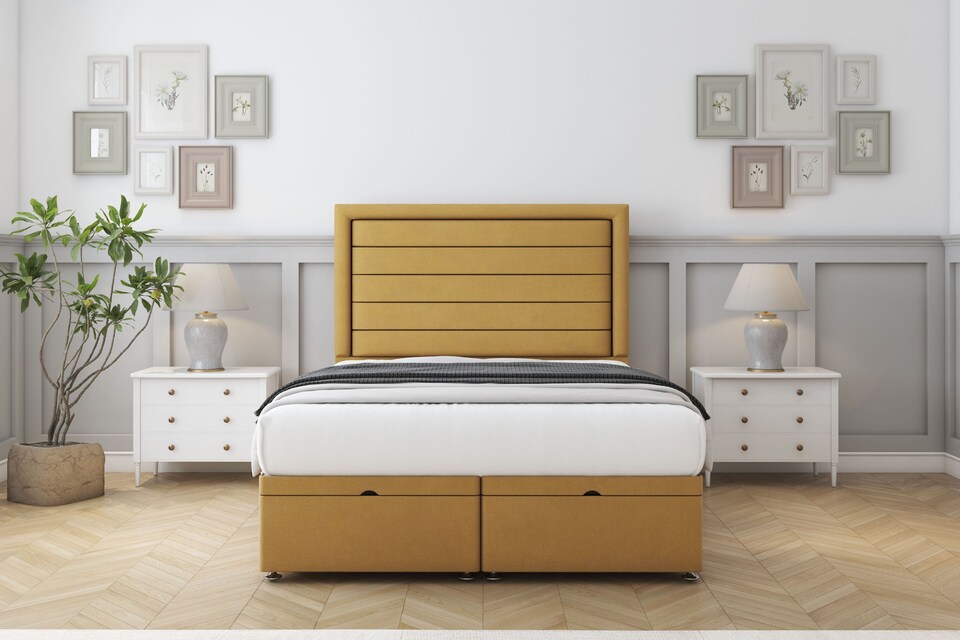 image 1 of Sloomy Ashford Mustard Plush Ottoman Bed Base With 54" Floor Standing Headboard 6' Super King | Gold | Mustard | Super King | 1