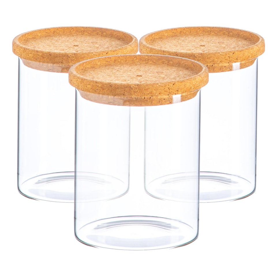 image 1 of Argon Tableware Glass Storage Jars - Cork Lid - 750ml - Modern Round Scandi Organisation Container Glass Jar - Set of 3