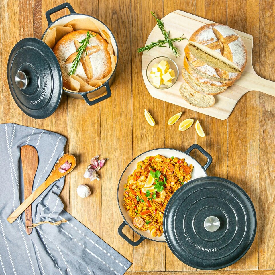 image 1 of Argon Tableware 2 Piece Cast Iron Casserole Dish Set - Hob to Oven - 2 Sizes - Matt Black