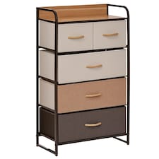 HOMCOM 5-Drawer Dresser Tower 3-Tier Storage Organizer with Steel Frame Wooden Top for Bedroom Hallway Closets