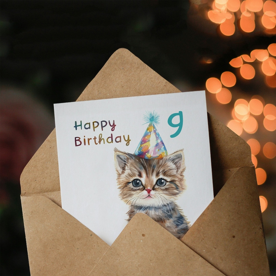 image 1 of Cute Baby Cat Kitten Party Hat Kids 9 Year Old Birthday Greeting Card