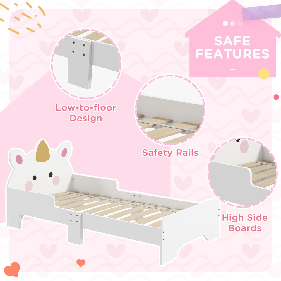 image 1 of ZONEKIZ Unicorn-Designed Toddler Bed, Kids Bedroom Furniture - White