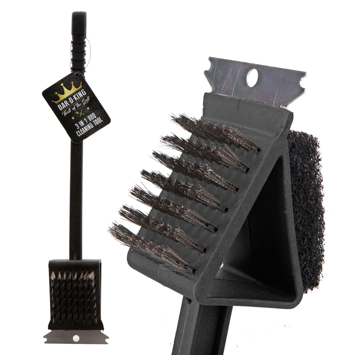 PMS Bar-B-King 3-in-1 BBQ Cleaning Tool 6 cm, Steel Scraper, Bristles, Sponge