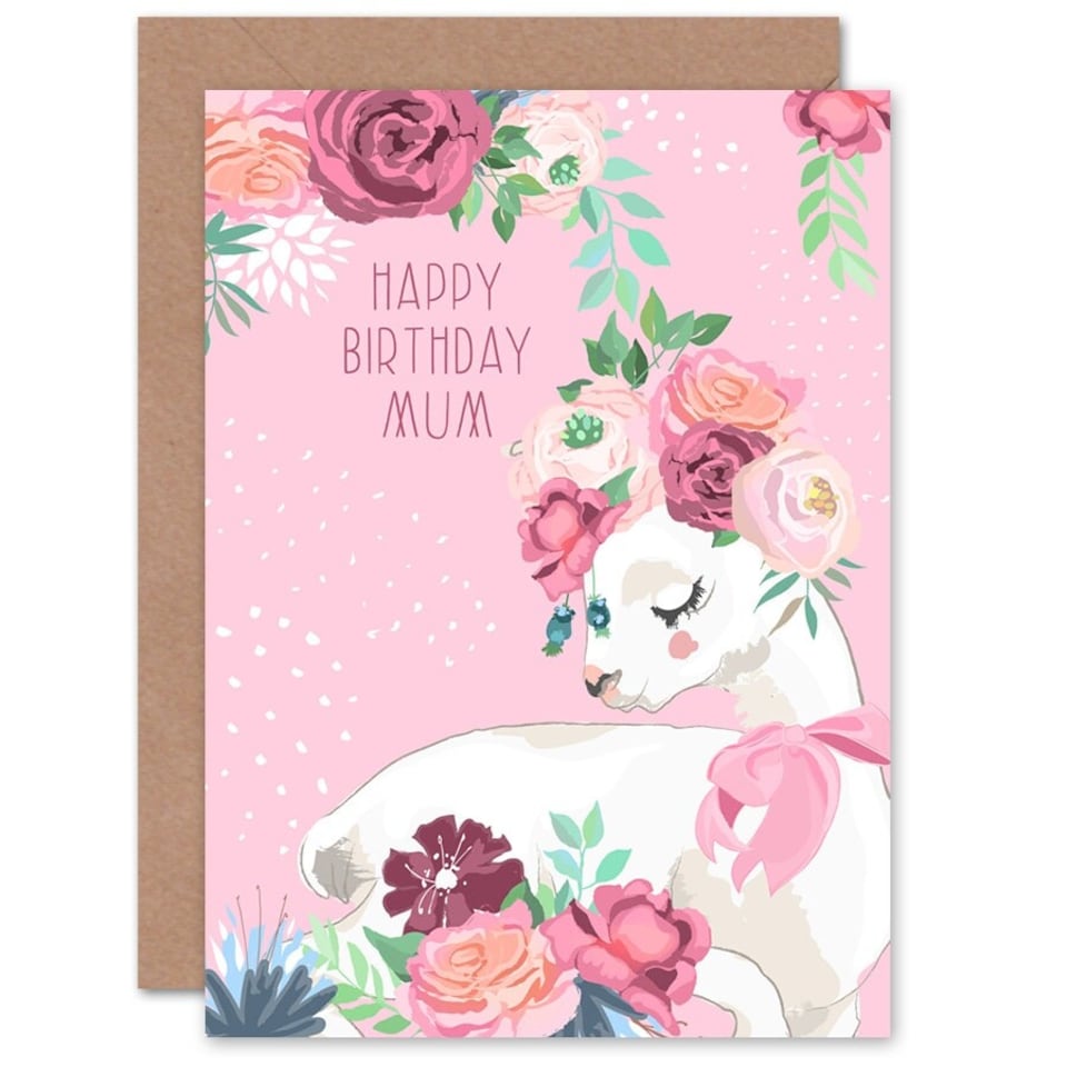image 1 of Pink Happy Birthday Mum Llama with Rose Flowers Greeting Card