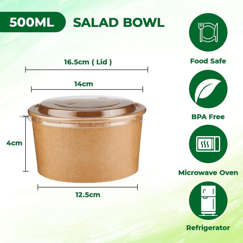 image 1 of ECONX 17oz 500ml Salad Paper Bowls with Lids Disposable Takeaway Bowls Food Container 100pc