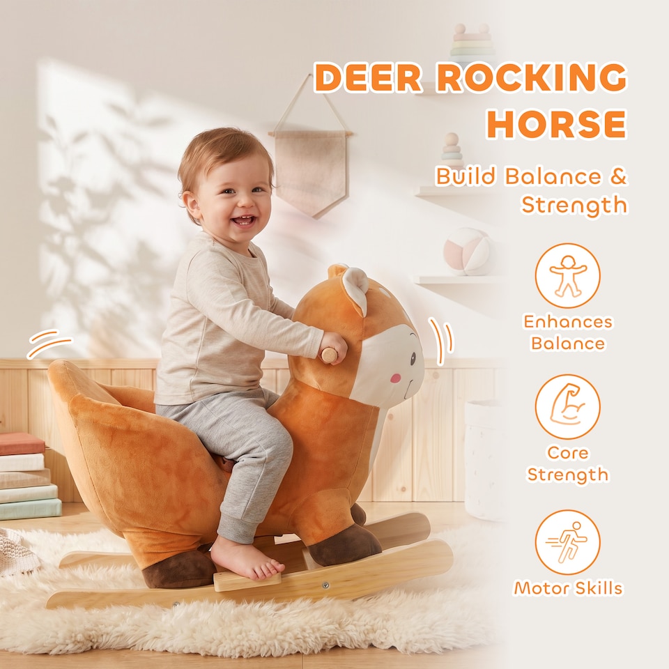 image 1 of AIYAPLAY Rocking Horse, Ride on Horse Deer Design with Animal Sounds, Brown