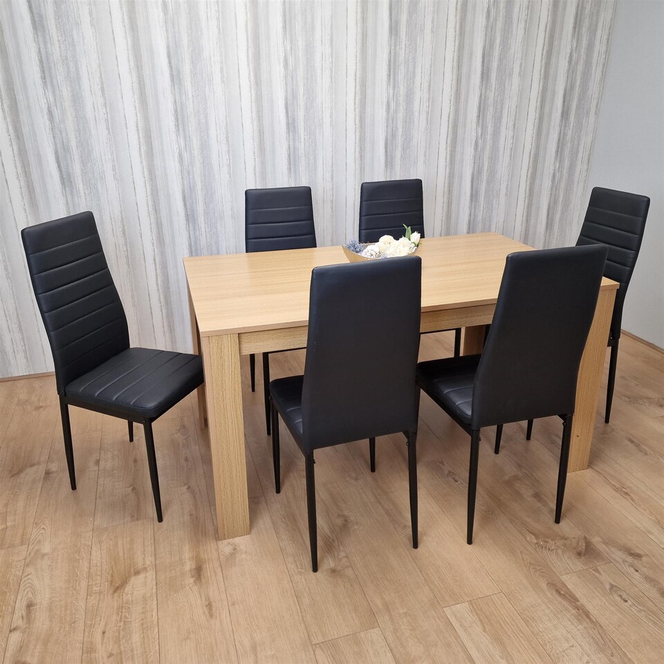 image 1 of Dining Set of 6 Dining Table and 6 Black Faux leather Chairs Dinig Room Furniture