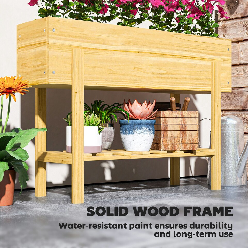 image 1 of Outsunny Wooden Raised Bed w/ Bed Liner, Storage Shelf Yellow
