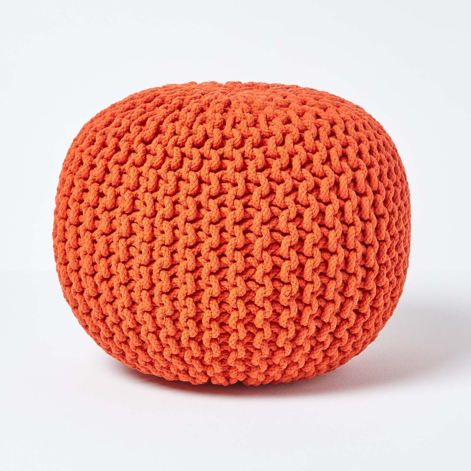 image 1 of Homescapes Burnt Orange Round Cotton Knitted Pouffe Footstool - 35 x 40 cm | Orange | H 35cm x W 40cm