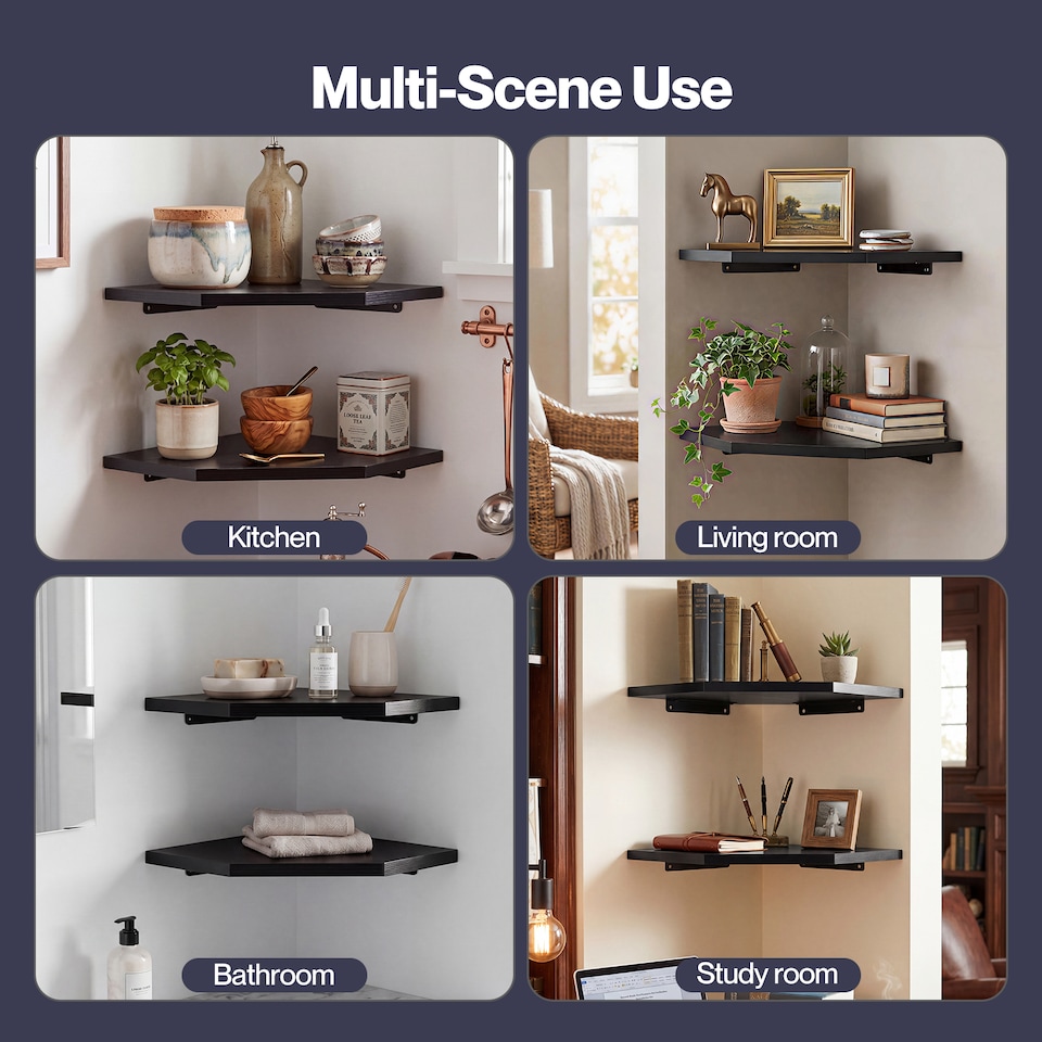 image 1 of Levede 2 Pack Wooden Floating Corner Shelves with Cable Cut Out