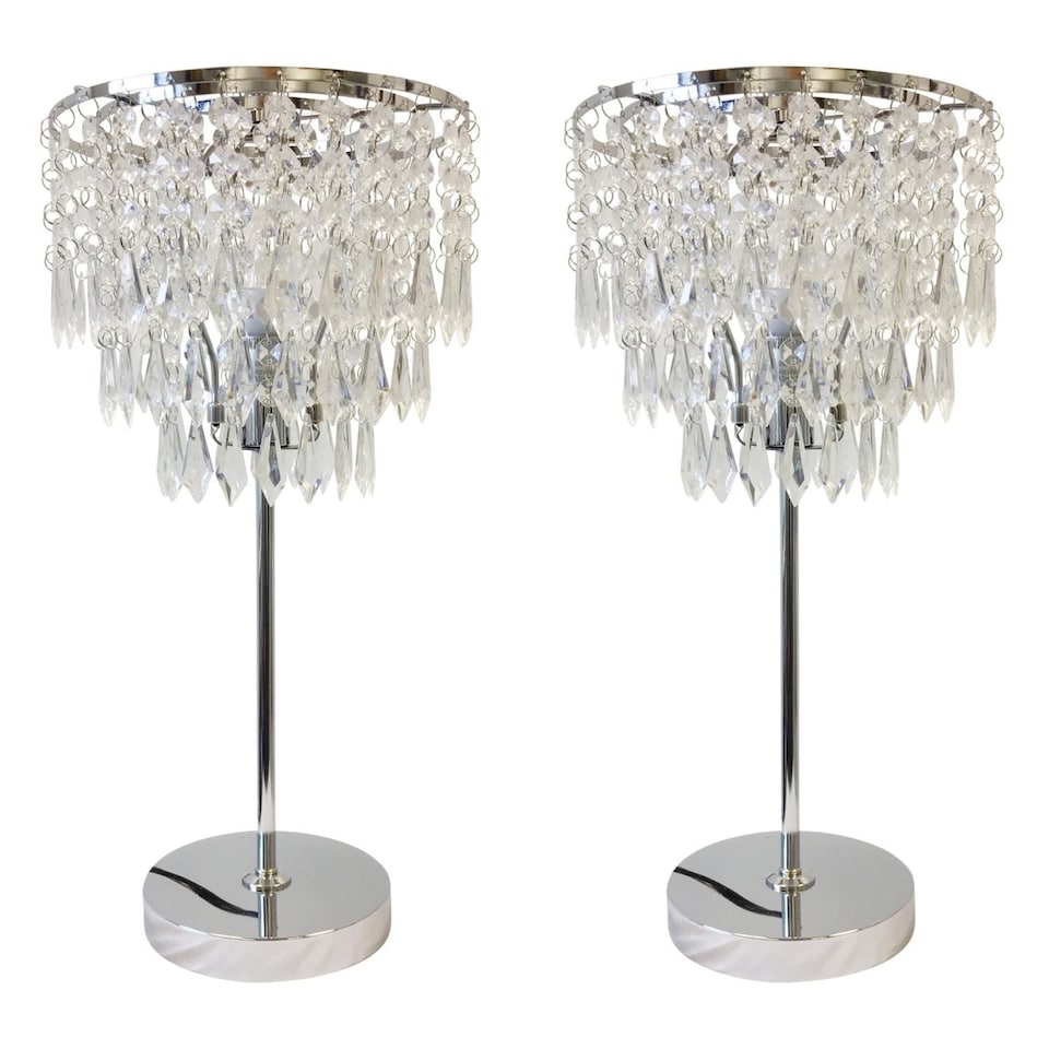 image 1 of Set of 2 Chrome and Acrylic Crystal Jewelled Table Lamps | Chrome | Clear | Large | 2