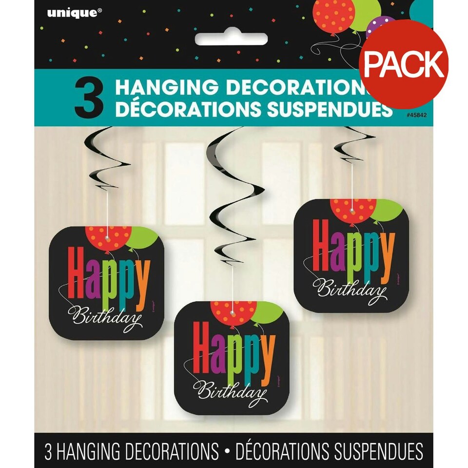 Unique Party Cheer Birthday Hanging Decoration (Pack of 3) - Black/Red/Green - One Size