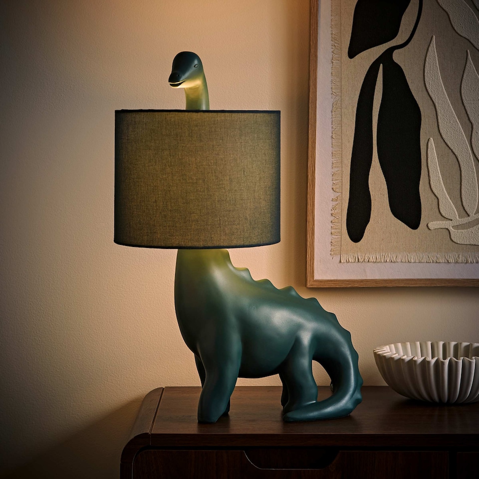 image 1 of ValueLights Kids Green Dinosaur Table Lamp with Drum Shade