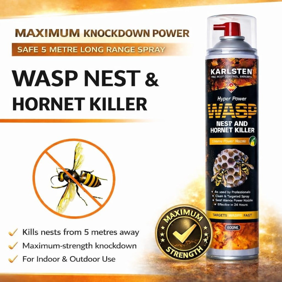 image 1 of Karlsten Hyper Power Wasp Nest & Hornet Killer Spray - 600ml High Strength Long Range 5 Metre Spray for Indoor and Outdoor