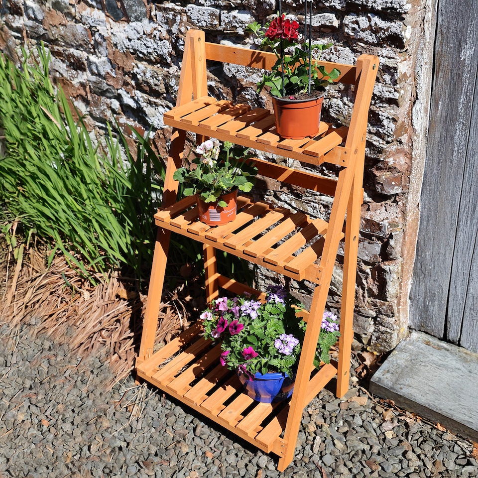 image 1 of Wooden Shelf Foldable Rack Flower Plant Pot Stand Storage Display Holder 3 Tier