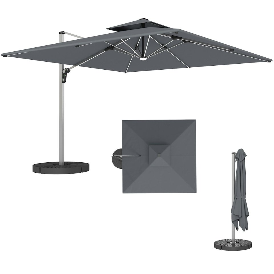image 1 of Outsunny Garden Cantilever Parasol, Patio Umbrella w/ Solar LED Lights, Grey Grey | Grey