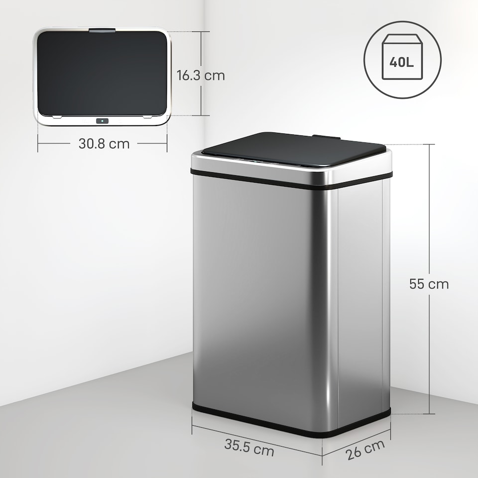 image 1 of HOMCOM Kitchen Bin with Fast Motion Sensor, 40L Stainless Steel Sensor Bin | Silver