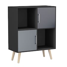 Black 4-Cube Storage Unit with 2 Metal Handle Doors and Legs | Grey | Grey & Pine | 1
