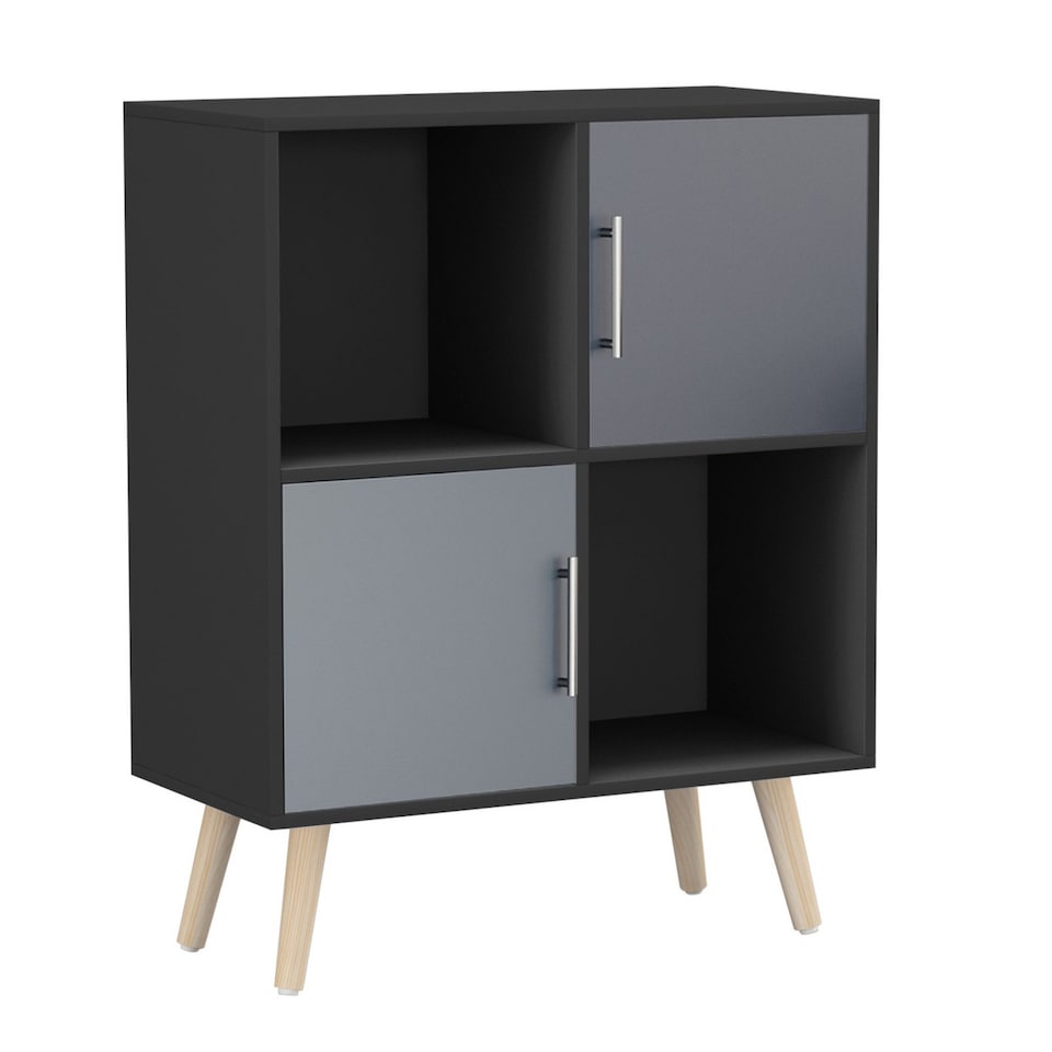 image 1 of Black 4-Cube Storage Unit with 2 Metal Handle Doors and Legs | Grey | Grey & Pine | 1